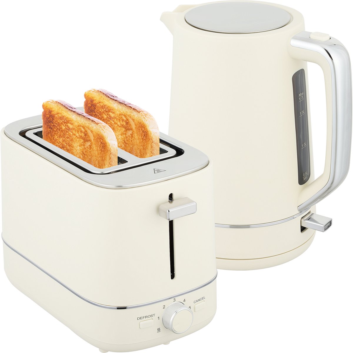 ECTEATOY® Ontbijtset - Waterkoker 1,7L en Broodrooster met 6 Bruiningsstanden - RVS en Kunststof - Beige