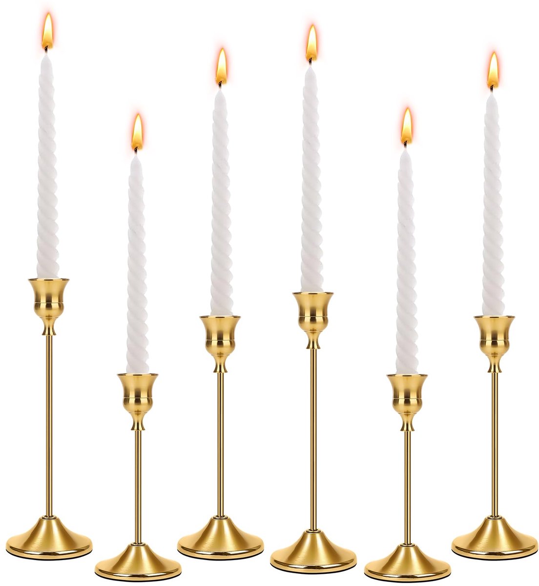 Famanu Set van 6 gouden kandelaars in 3 verschillende hoogtes, elegante staafkaarshouders voor kerst, feesten, huwelijken en verjaardagsfeesten