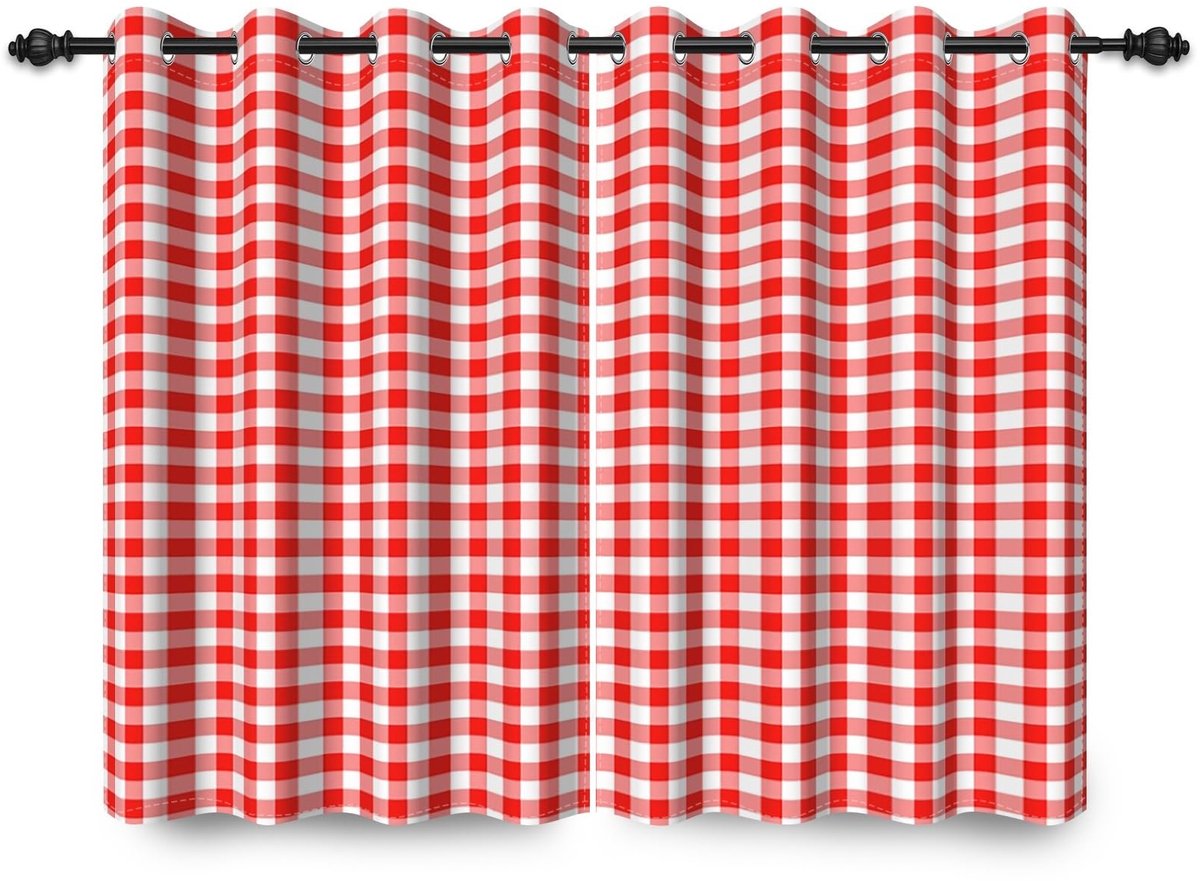 Famanu Plaid gordijn met ogen, 107 x 160 cm, Buffalo rood en wit, klassiek en vintage verduisteringsgordijn voor slaapkamer of woonkamer, 2 panelen