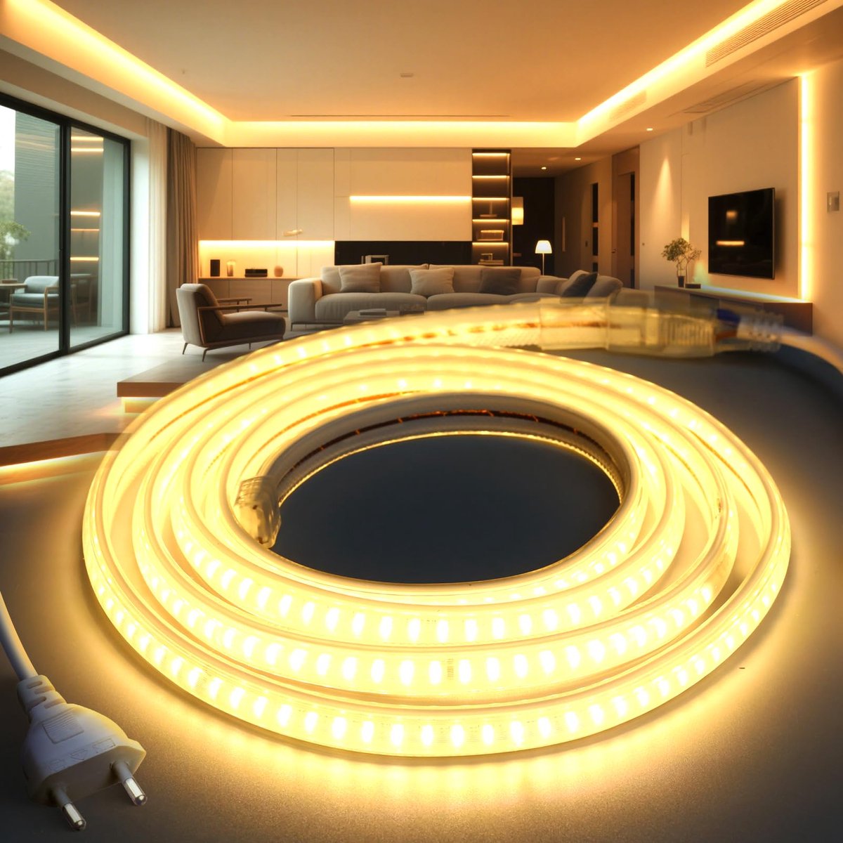 BRIMETI LED Neon Ledstrip 220V 20M Warm Wit 3000K, 145LEDS/m IP65 Waterdicht, Flexibel LED Strip met Netsnoer - ShopVlot