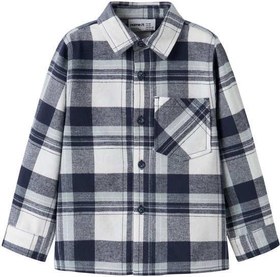 Donkerblauw en wit geruit overhemd met borstzak, knoopsluiting en label met maatdetails.