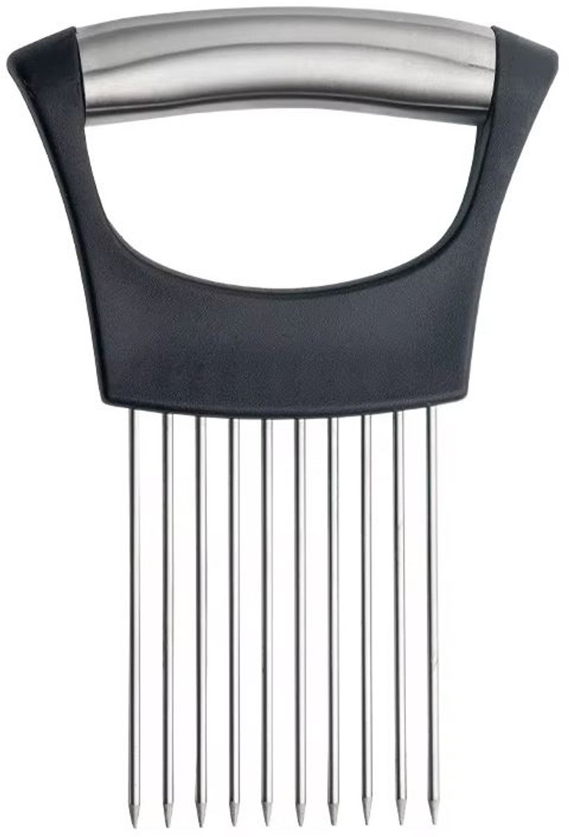 Uiensnijder - Uienkam - Ui snijden hulpstuk - Ui vasthouden tijdens snijden - Snij hulp ui - Groentesnijder - Ui naald - RVS - Zwart handvat - 14x10 cm - Jonyx