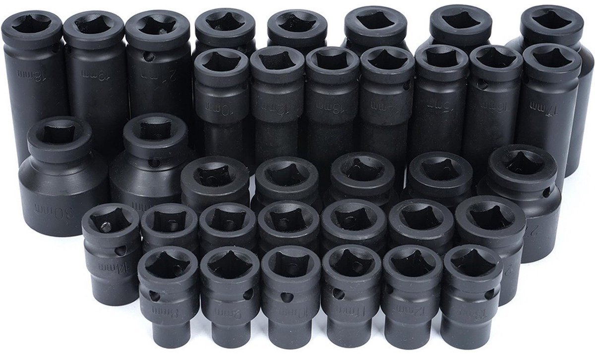 Slagdoppenset 35 - delig 1 / 2 inch 8 - 32 mm - CR - Mo - diepe 6 - kant doppen