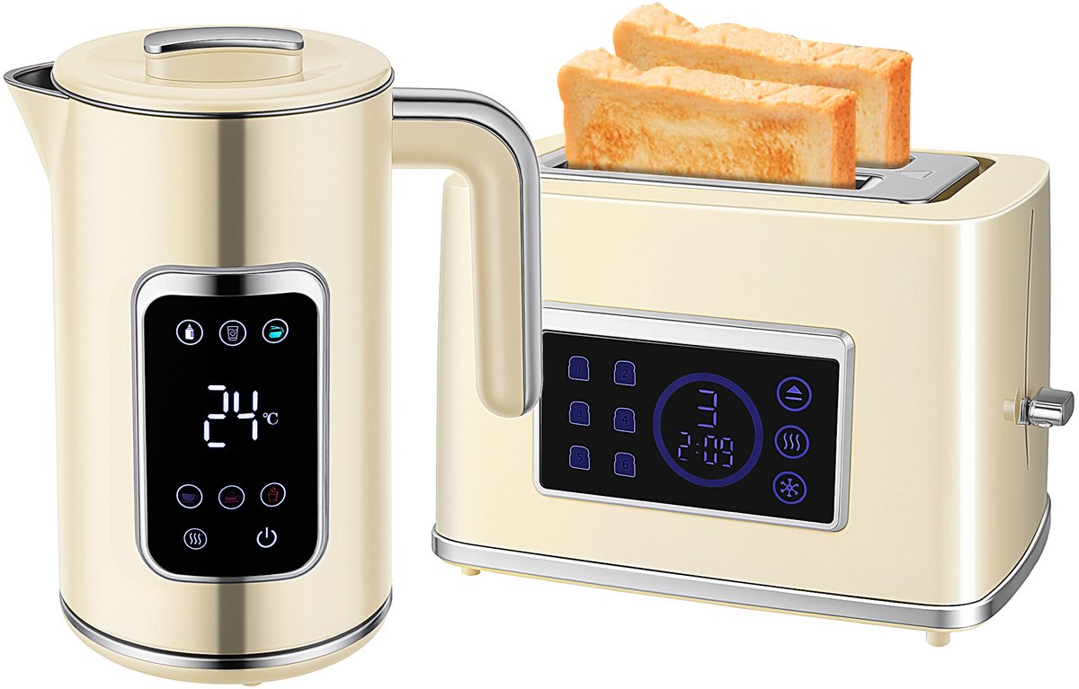 TEKROA® Waterkoker - Broodroosters - Tweedelig set - LED-display, waterkoker van 1,7 liter (2200 W), broodrooster met brede sleuven voor twee sneetjes - crèmekleurig