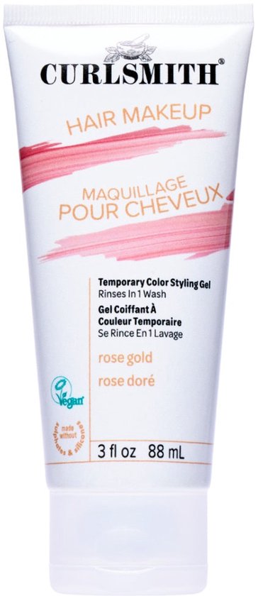 Tube met roze gouden haarstyling gel, "Temporary Color Styling Gel" en "rose gold".