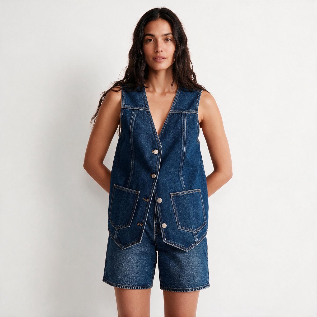 Imily Bela Dames Denim Playsuit met Giletstijl en Zakken