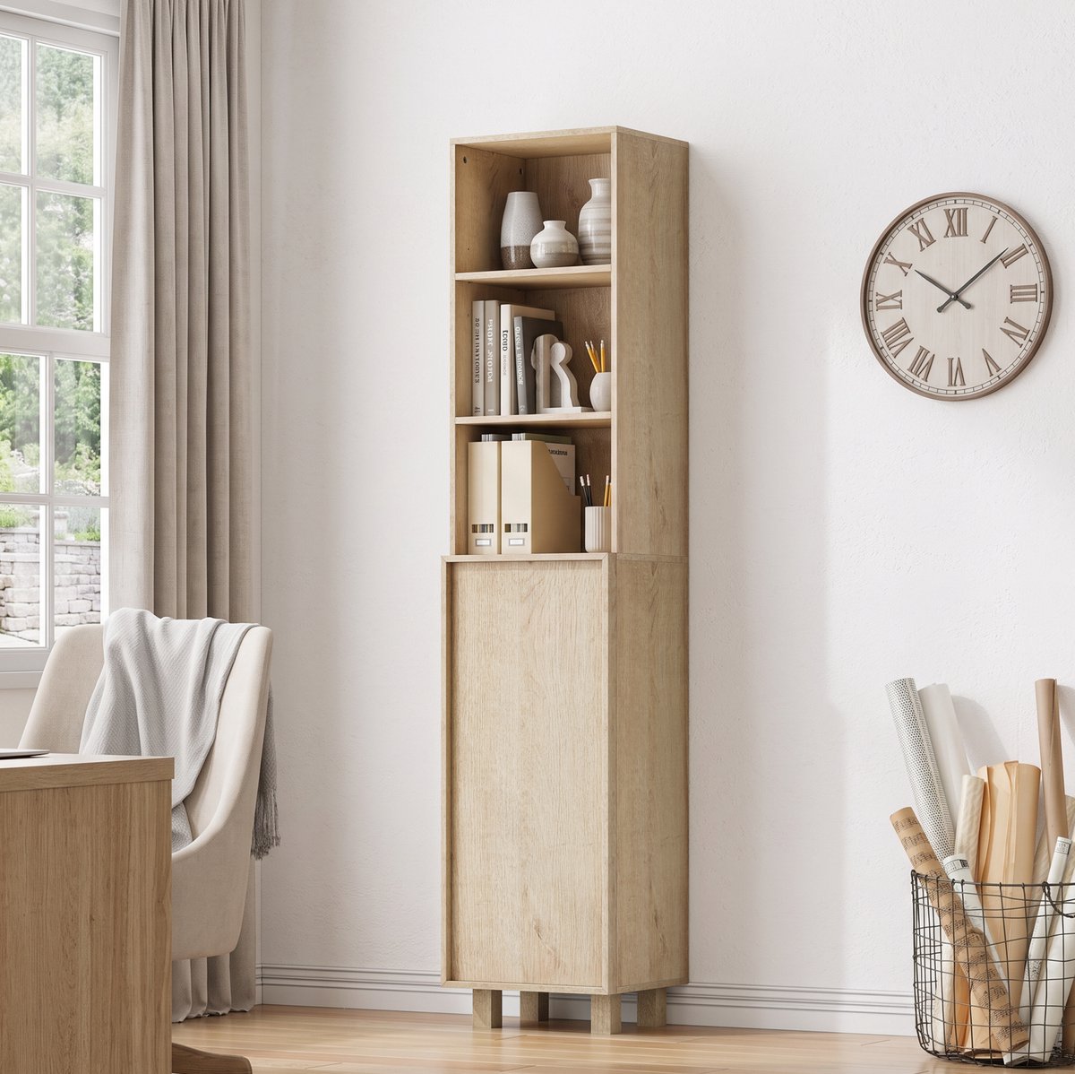 Hoge Kast Met Open Vakken En Deur - Smal Ontwerp Voor Badkamer Wasruimte Keuken - MDF - Eiken