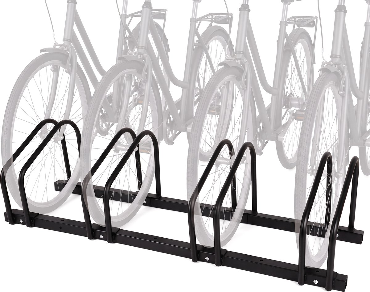 Cheqo® Fietsenrek voor 4 Fietsen - Fietsenstandaard - Fietsrek - Fietsenstalling - Fietsbeugel - Vloermontage en Muurmontage - voor Brede Banden - voor Binnen en Buiten - voor Garage - Schuur en Tuin - Fiets Standaard - Fietsen Rek - Zwart