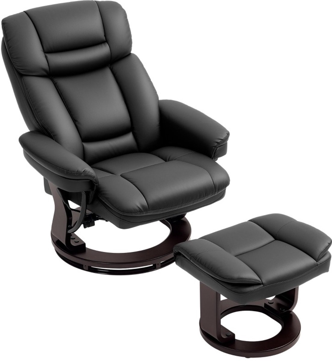 REDOM - Relaxfauteuil met hocker - 360° draaibaar - Verstelbare rugleuning - Ligfunctie - Design - Woonkamer - Kunstleer en metaal - Zwart - 86 x 83 x 107 cm