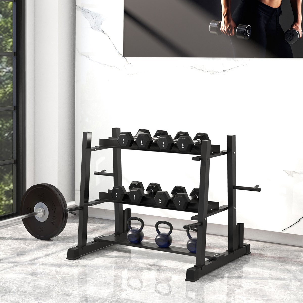 REDOM - Hantelstandaard - 3 niveaus met verstelbare opbergafstand - Opbergrek voor halters, kettlebells, halterschijven en stangen - Staal - Zwart - 131 x 75 x 80 cm