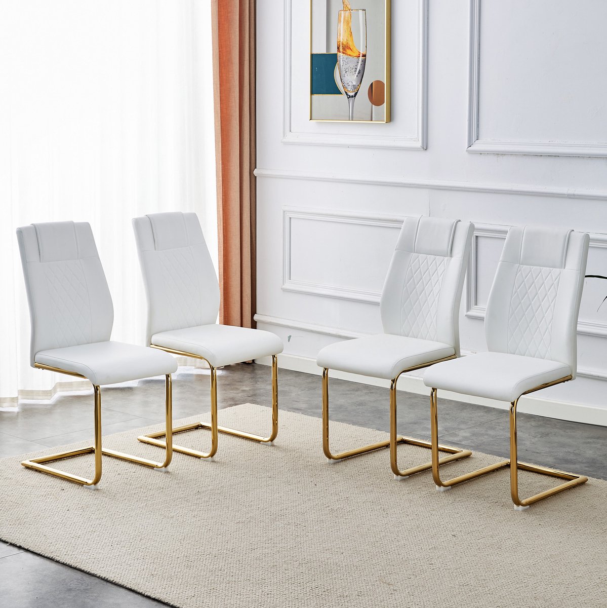 Eetkamerstoel Set van 4 - Scandinavisch Design met Gouden Metalen U-poot en Gevoerde Zitting - Voor Eetkamer en Keuken - Wit Kunstleer