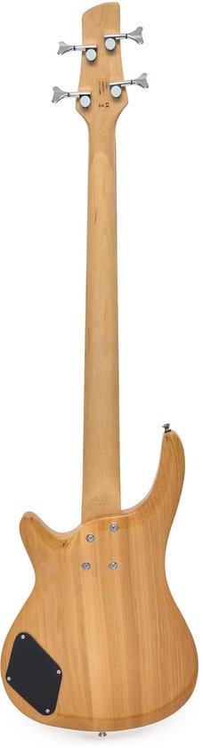 Achterkant van een natuurkleurige 4-snarige basgitaar met zichtbare schroeven en klep.