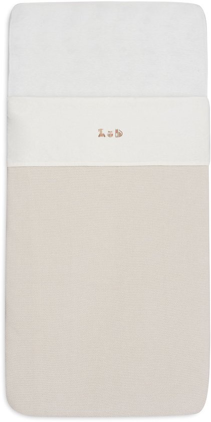 Baby ledikantdeken in beige met een subtiel geweven patroon en een witte rand met een 'Animal Friends' print.