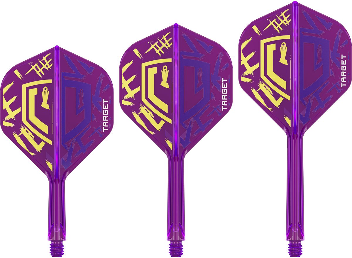 Target Darts Luke Littler World Champion K Flex Flights en Shaft Systeem - Geïntegreerde Dartflights met Shaft - No.2 Paars Geel Design - Short 19mm - 3 Stuks