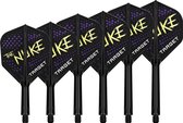 Zes zwarte dart flights met paars-gele 'The Nuke' en 'Target' opdruk.