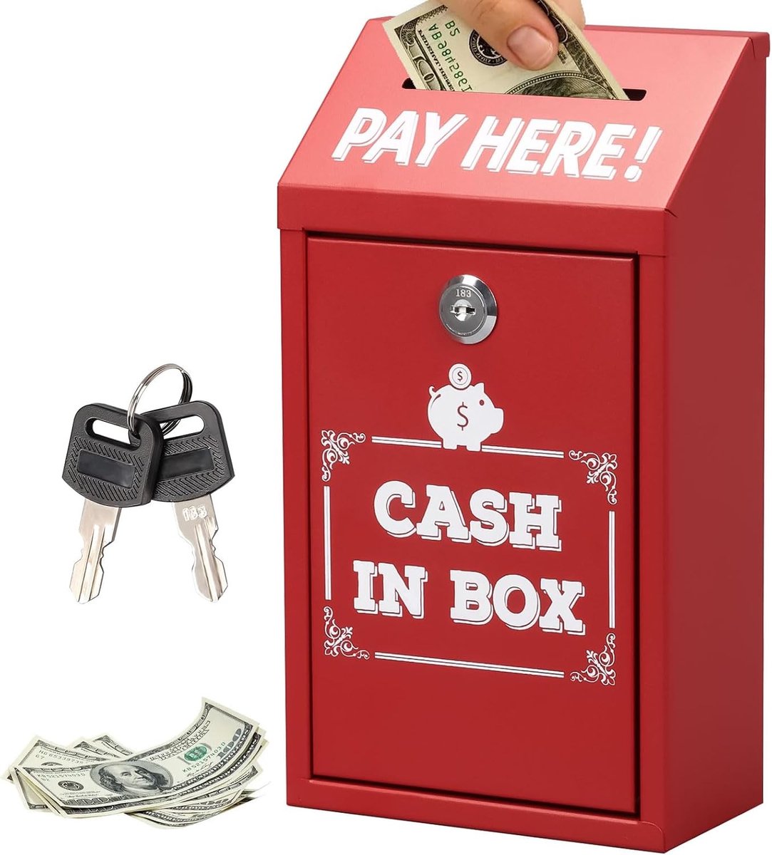 Geldcassette - Rood - 14,5 x 7,5 x 26 cm - Afsluitbare Metalen Kluis met Sleutels - Voor Thuis en Kantoor