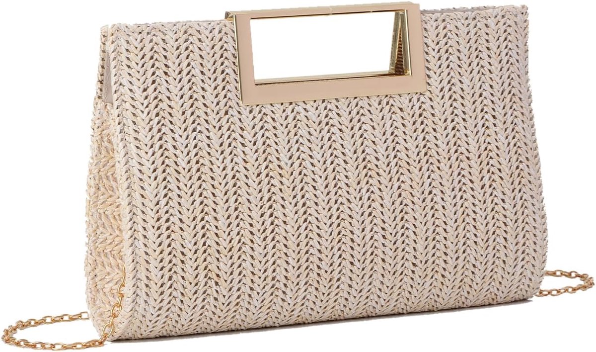 EVEOUT Stroh Clutch voor dames, stro avondhandtas, geweven, zomer, trouwtas, schoudertas voor feest, vakantie, beige - ShopVlot