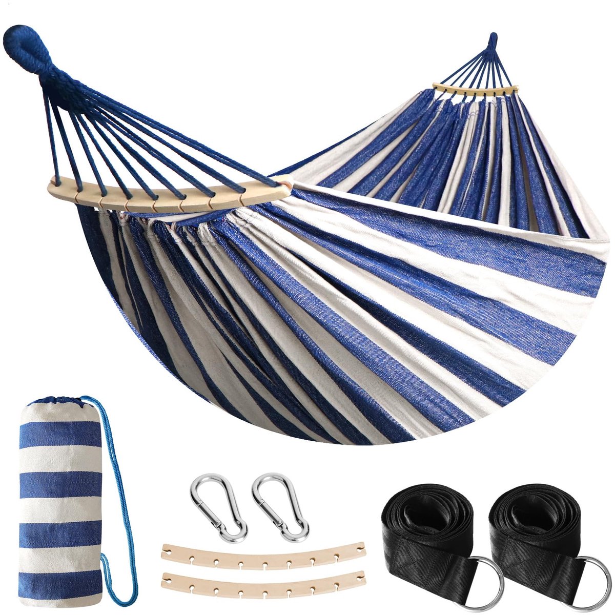 Famanu – Comfortabele katoenen hangmat voor buiten met houten stangen en riemaccessoires, ideaal voor balkon, terras, tuin, park, camping en strand