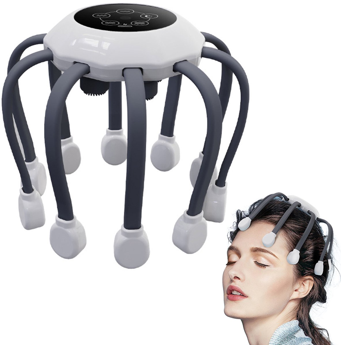 Slimme massager voor thuis - Elektrische hoofdmassager - Massager voor thuis - Hoofdmassager - Vier vibratiepunten - 5 standen - Ontspant de hoofdhuid - Verlicht stress - Grijsachtig wit