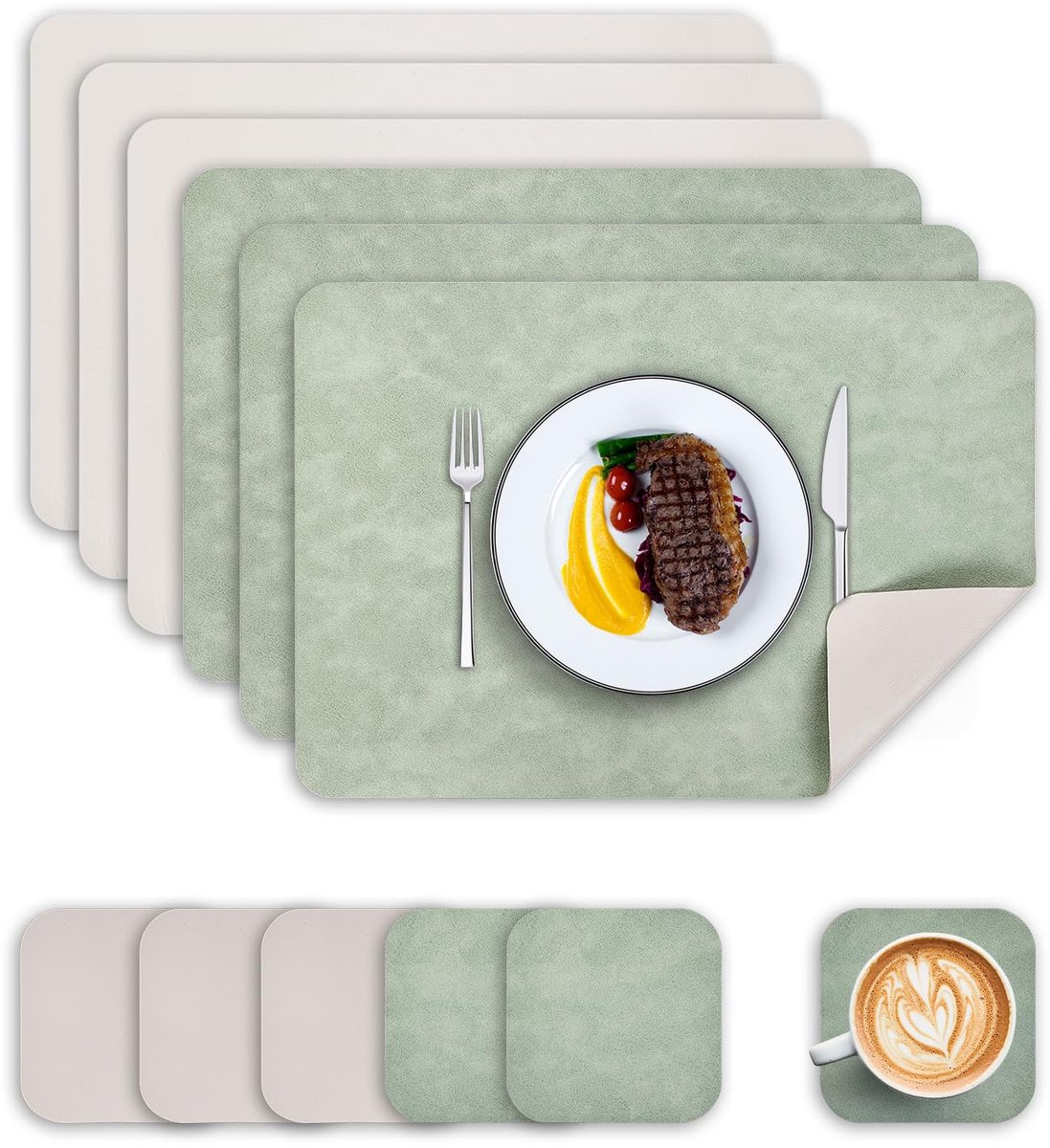 Famanu – Set van 6 hittebestendige placemats en onderzetters van waterdicht PU-materiaal, dubbelzijdig en wasbaar, antislip voor de keukentafel (groen en ivoorwit