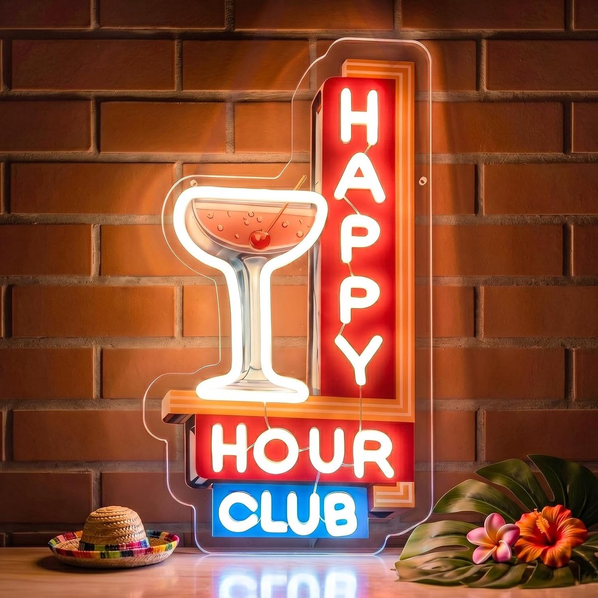 Neonbord - Happy Hour Club - 22,5 x 40 x 1,5 cm - Acryl met LED Neon Strips - Voor Bar, Club, Thuis