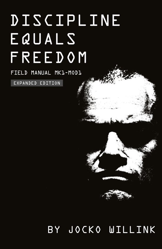 Boekomslag 'Discipline Equals Freedom' met tekst en gezicht in schaduw.
