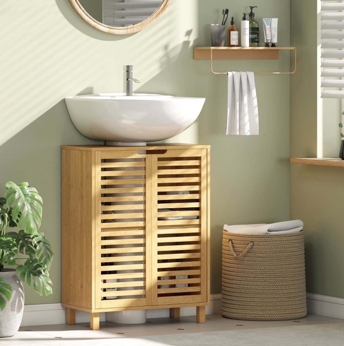 MIVRAY Halfhoge Kast Bamboe Wastafelonderkast Met Lamellendeuren En Verstelbare Plank Voor Badkamer Natuurlijk Hout 60 X 30 X 80 Cm