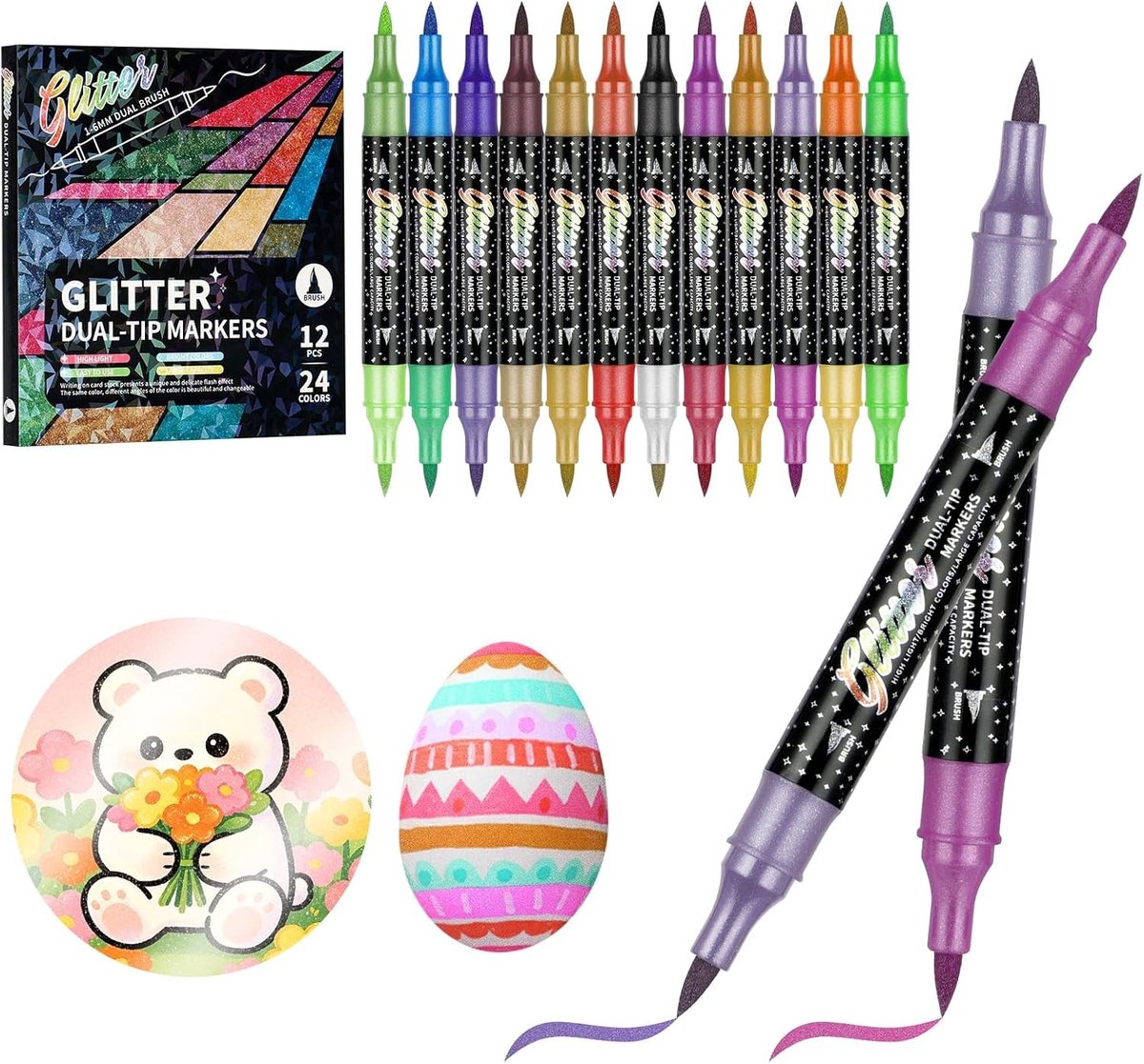Aquarelstiften - Glitter - 15 x 1,35 cm - Dubbele Punt Brush Pen - Voor Kalligrafie en Bullet Journaling