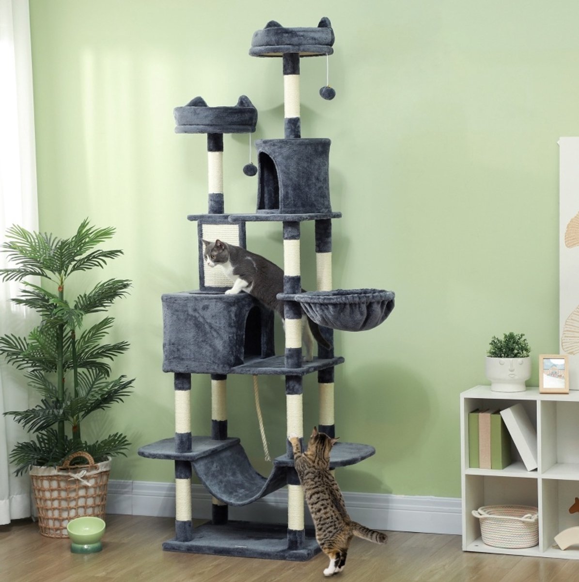 REDOM - Krabpaal - 206 cm hoge kattenboom met kattenhuisjes, hangmatten en speelballen - Sisalstammen en krabplank - Donkergrijs - 60 x 50 x 206 cm