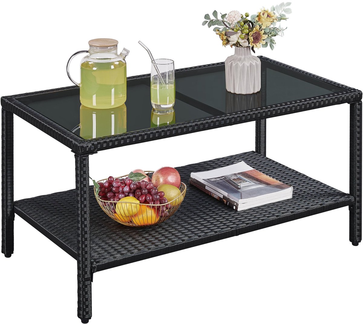 Famanu – Polyrotan tuintafel, koffietafel, terrastafel, bijzettafel, salontafel, balkontafel met plank en plaat, voor binnen en buiten, grijs