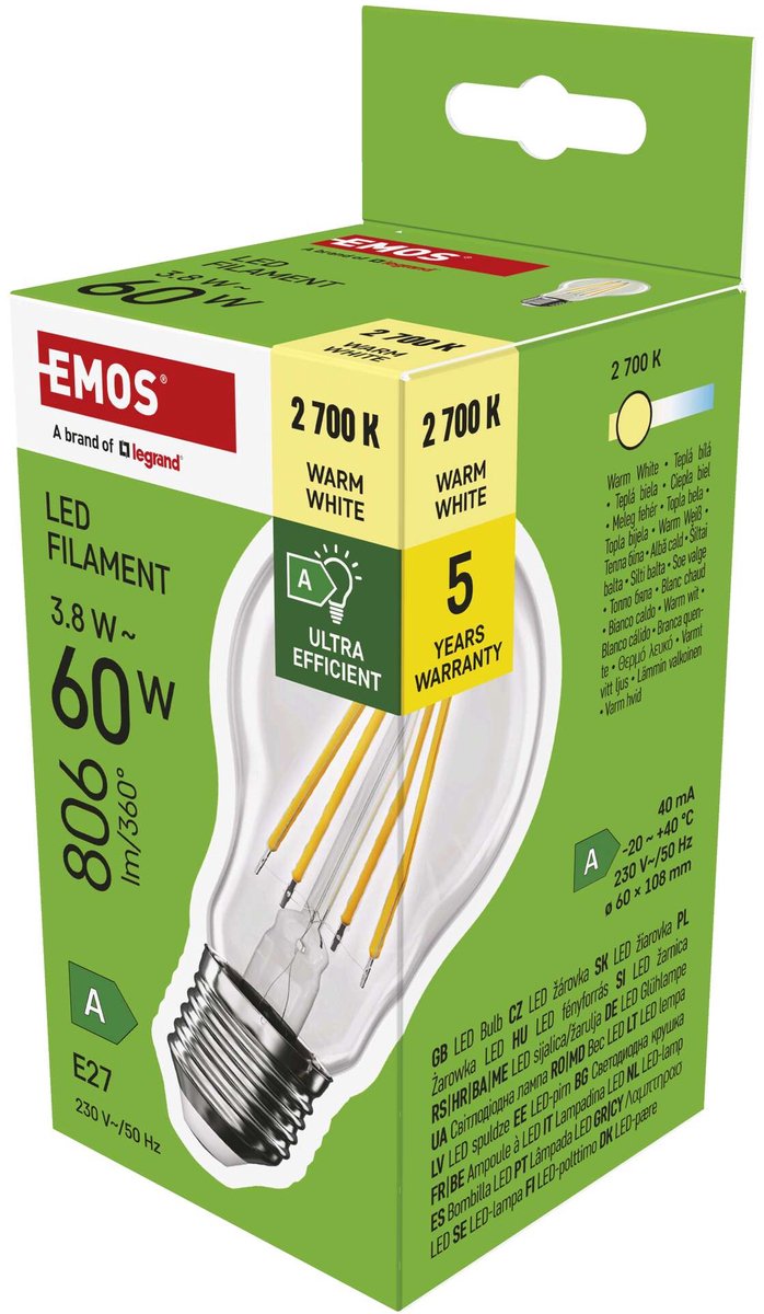 EMOS LED-lamp Filament A60 A-klasse / E27 / 3,8 W (60 W) / 806 lm / warmwit, ZF5147