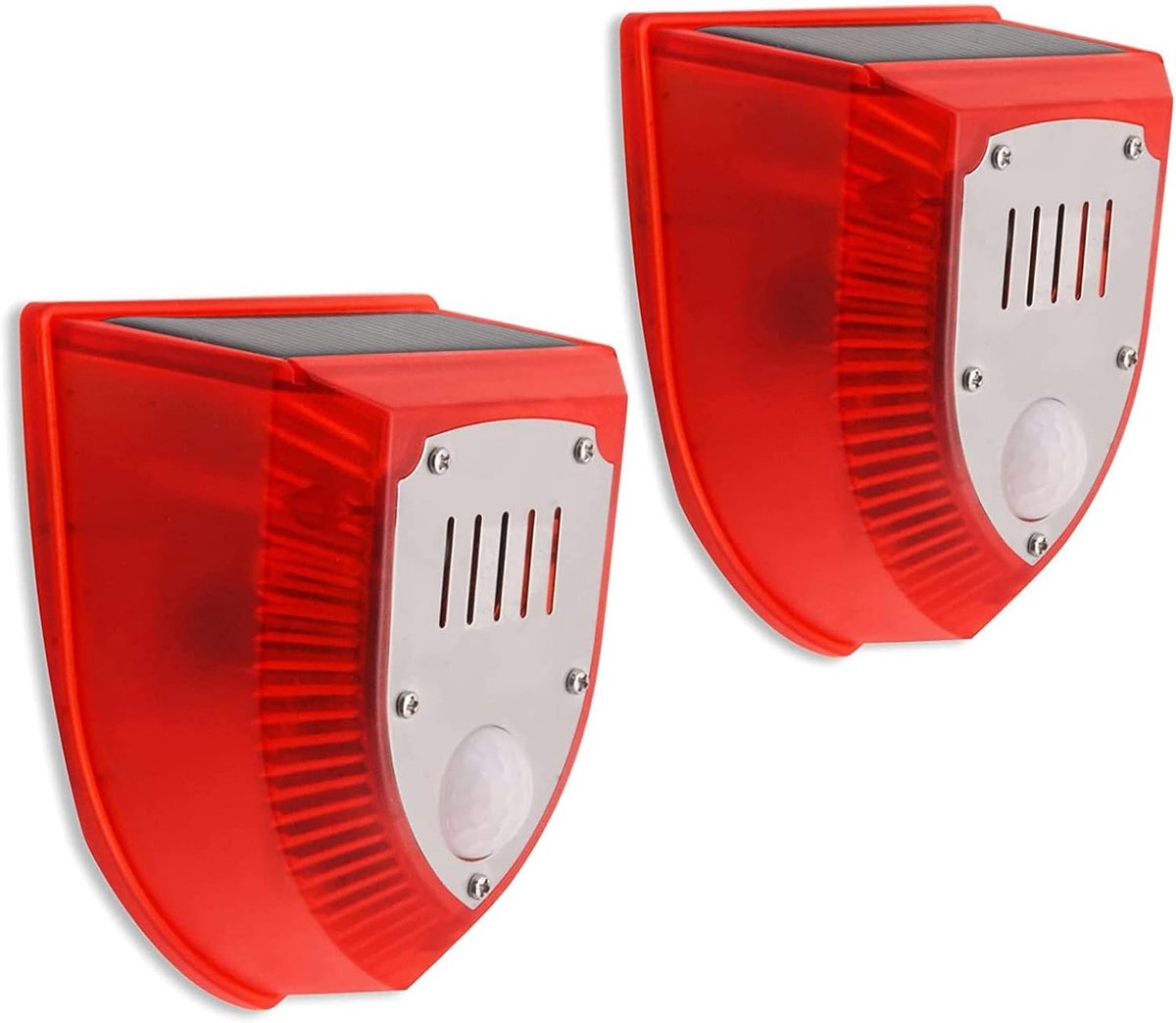 Zonne‑energie Bewegingssensor Alarmlicht Buiten, Hondenblaf‑ en schotgeluid, 129dB luid geluid met flitslicht, waarschuwingslamp voor Huis, Villa, Boerderij, Schuur, Tuin en Kippenhok，2 Stuk
