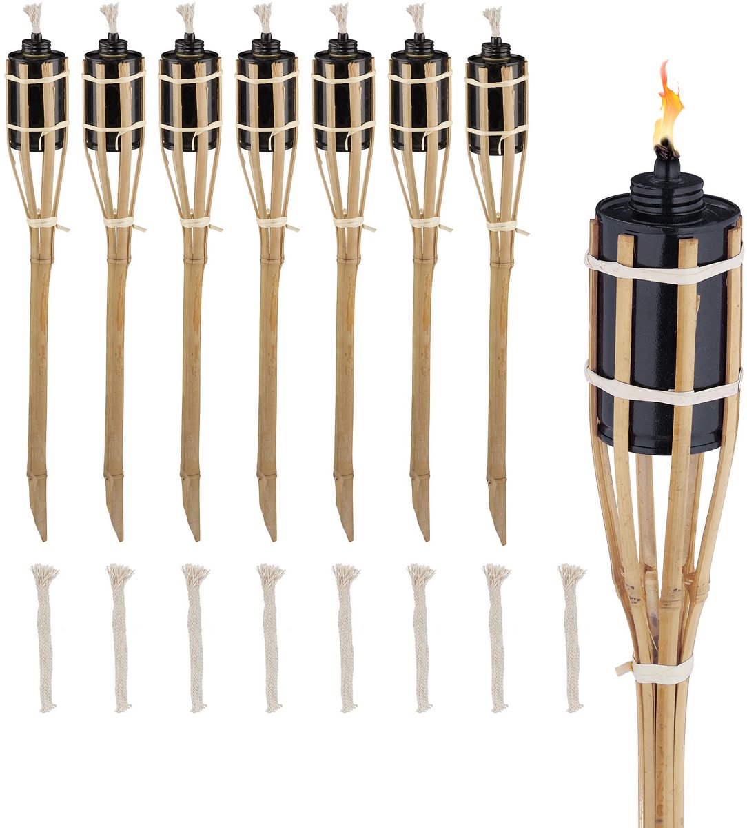 Famanu – Set van 8 tuinfakkels, 50 cm, bamboe fakkels voor decoratie van tuinfeestjes, oliefakkels met reservelont in naturel