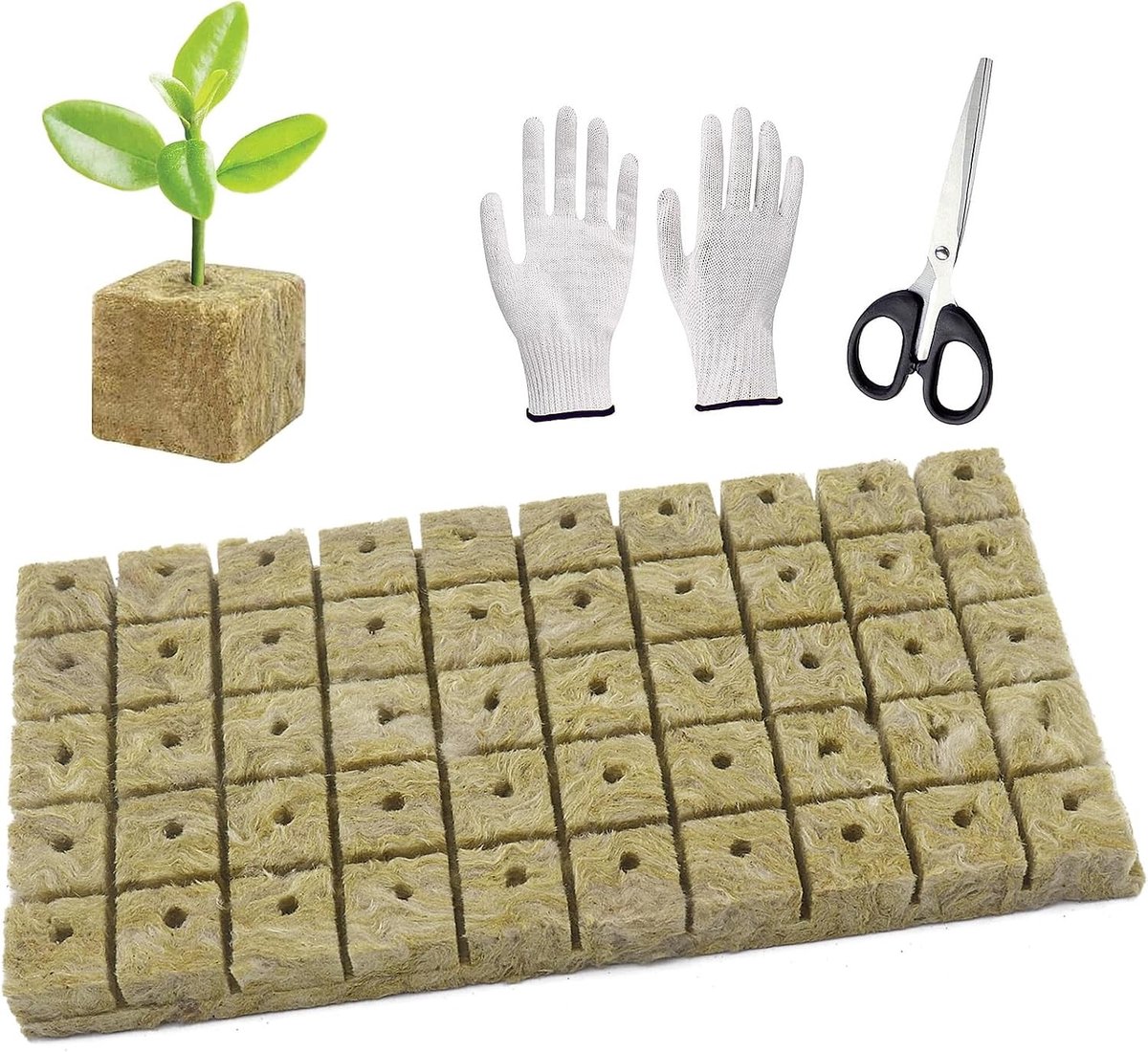 50 Stuks Rockwool Groei Cubes voor Planten, Bodemloze Teelt met Scharen en Tuinhandschoenen