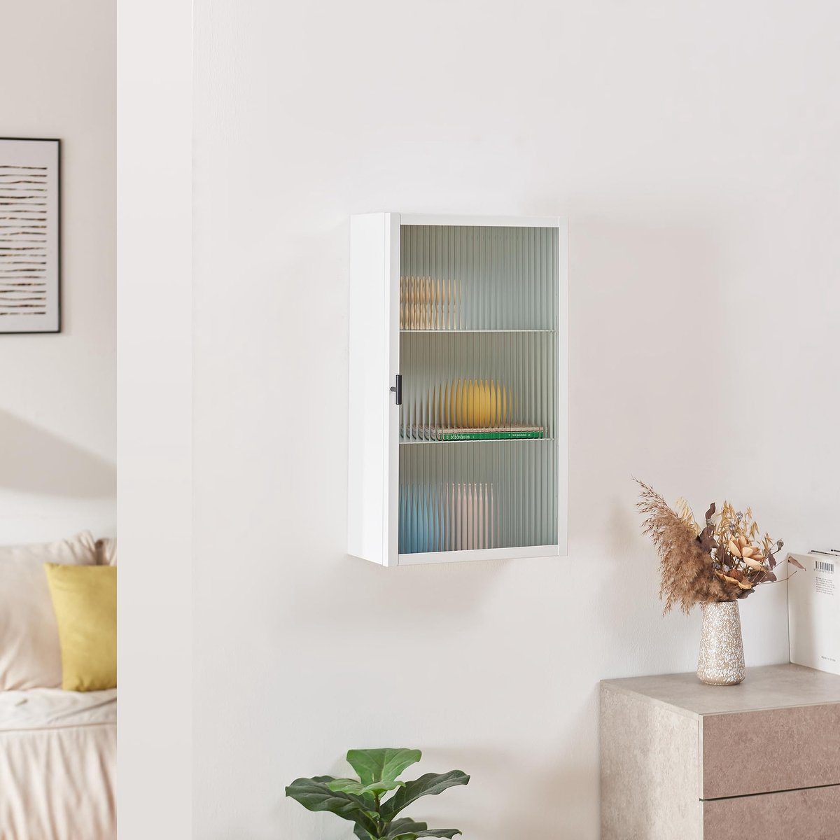 Famanu – Wandkast Zundert, veelzijdige kast met 2 planken en geribbeld glas, 60 x 35 x 15 cm in wit