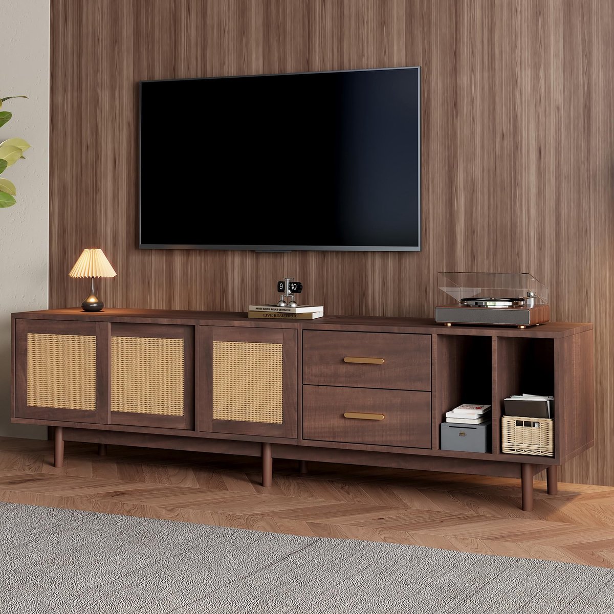 Famanu – TV-standaard, lowboard met rotan schuifdeur, lade en open opbergvakken, geschikt voor 75 inch tv, landhuisstijl, bruin, 190 cm