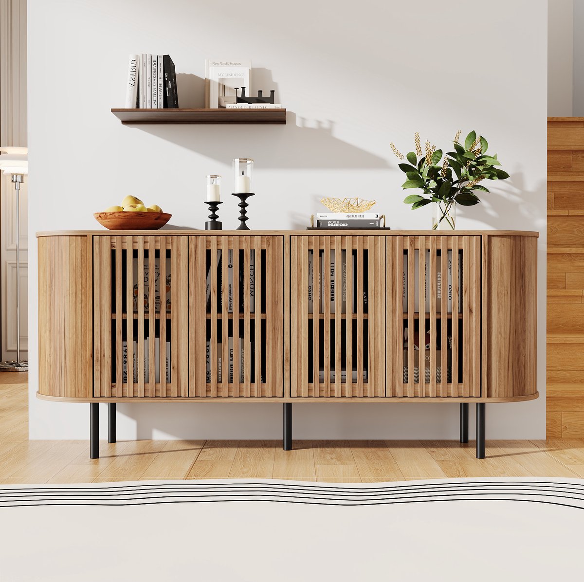 FloraGrace Dressoir Met Vier Schuifdeuren En Verstelbare Planken Voor Woonkamer En Hal Houtlook MDF Metalen Poten 160x40x70 Cm Naturel