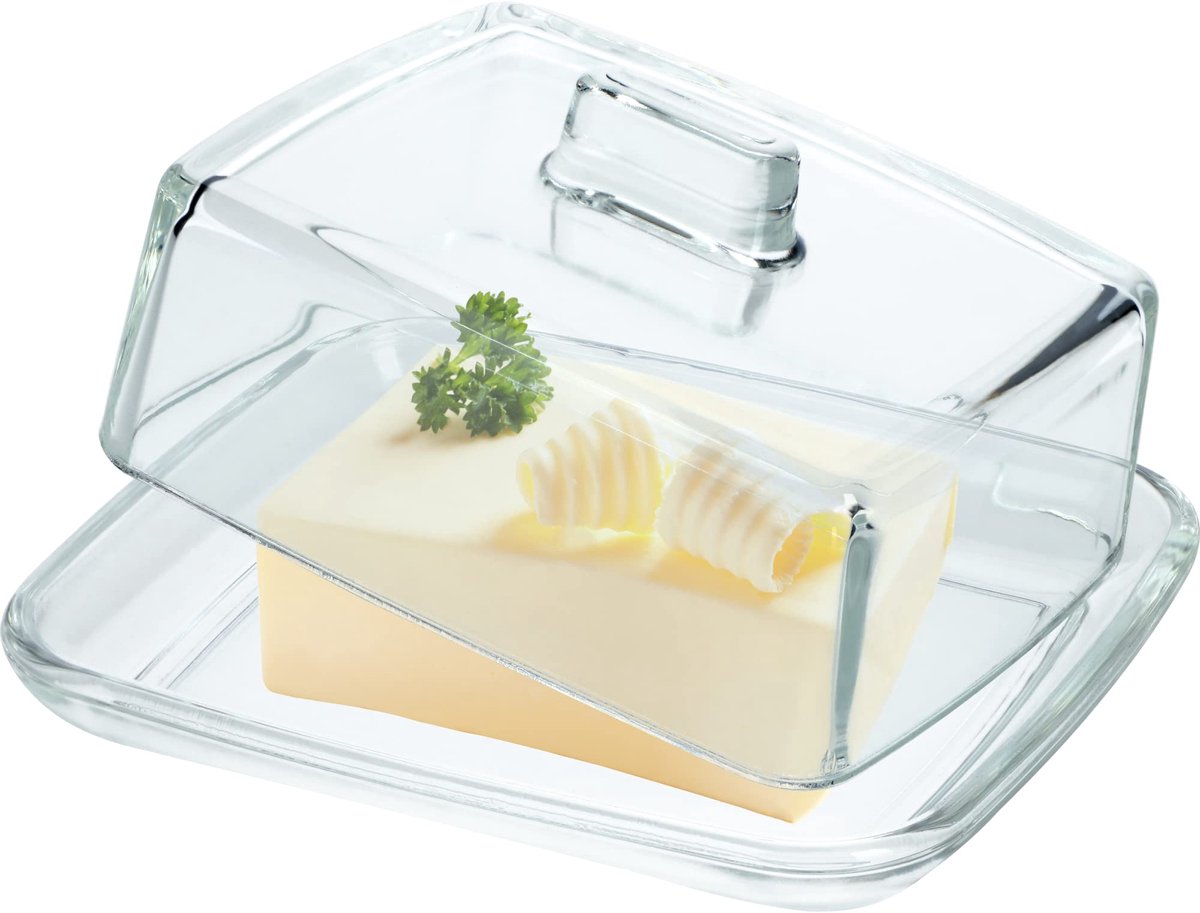 Famanu – Rechthoekige boterdose van glas, heldere boterschaal met deksel en handgreep, vaatwasserbestendig en ideaal voor boteropslag