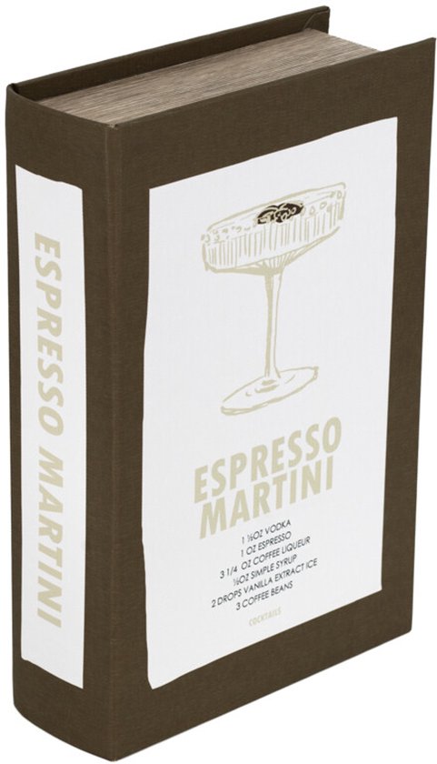 Een bruin opbergboek met op de voorkant de tekst 'ESPRESSO MARTINI' en een recept.