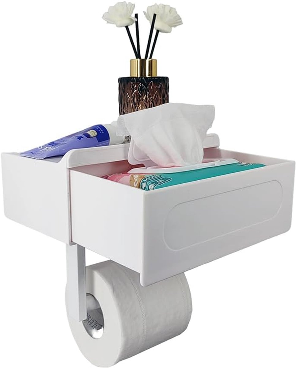 Trywise Toiletrolhouder met Opberglade - Wandmontage met Plank en Vak voor Vochtige Doekjes - Voor Badkamer - Basismodel - Wit