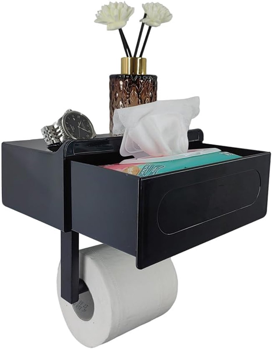 Trywise Toiletrolhouder met Opberglade - Wandmontage met Plank en Vak voor Vochtige Doekjes - Voor Badkamer - Basismodel - Zwart