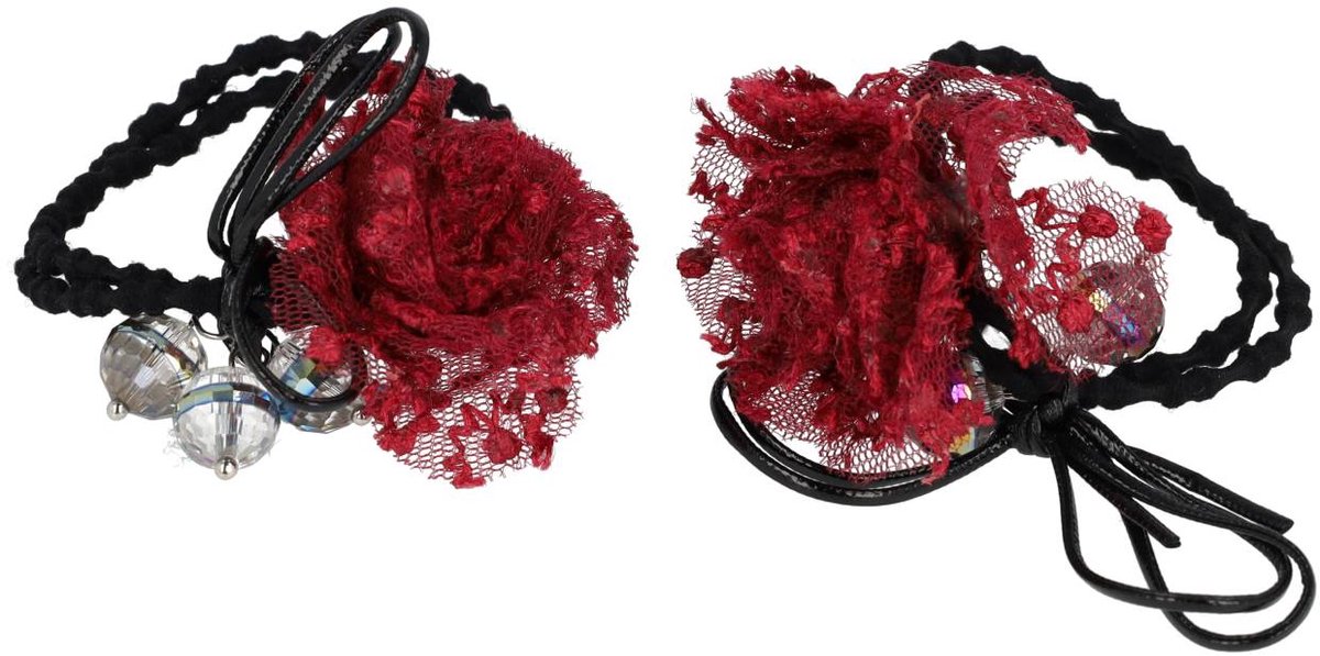 Haarsoires Haarelastieken – Bloem 4cm – Kanten Stof - Facetkralen – Rood – Set van 2