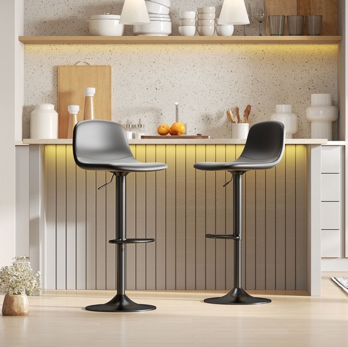 OKWISH Barkruk Set van 2 – Hoogteverstelbaar & Draaibaar – Met Rugleuning en Voetsteun voor Keuken, Bar en Eiland – Kunstleer – Zwart