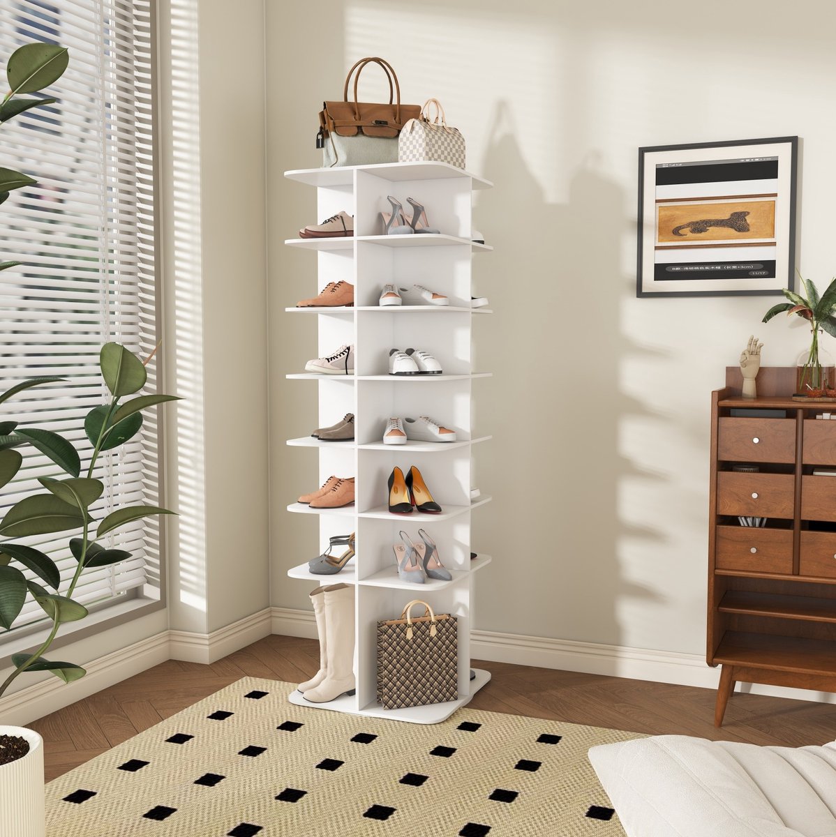 Wishdor Schoenenkast - 7-laags draaibaar - Staand rek 360° open opbergtoren voor 28 paar - Modern - Woonkamer hal slaapkamer - Kunststof - Wit - 60 x 60 x 184 cm