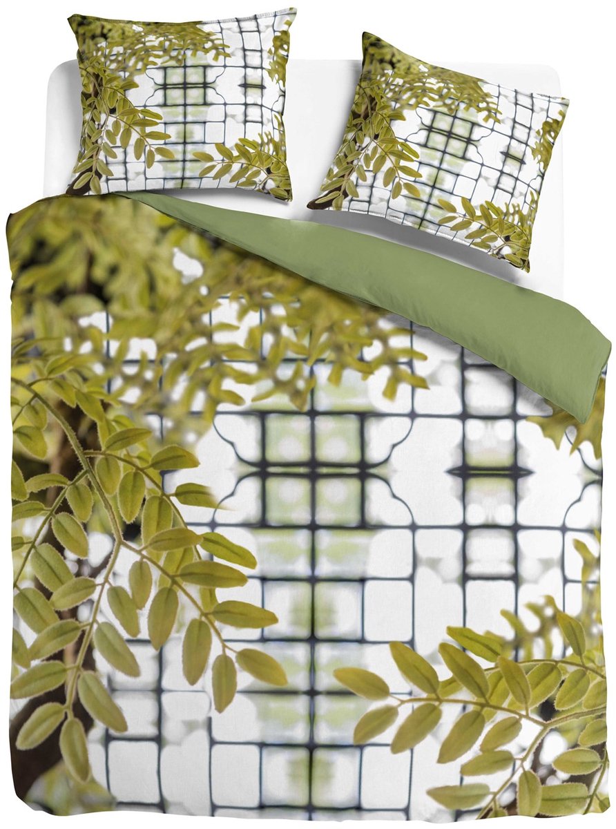 Padiro dekbedovertrek 135 x 135 cm - meerkleurig - plant bladeren print design - katoensatijn - dubbelzijdig - met 1 kussensloop - ritssluiting 80 x 80 cm