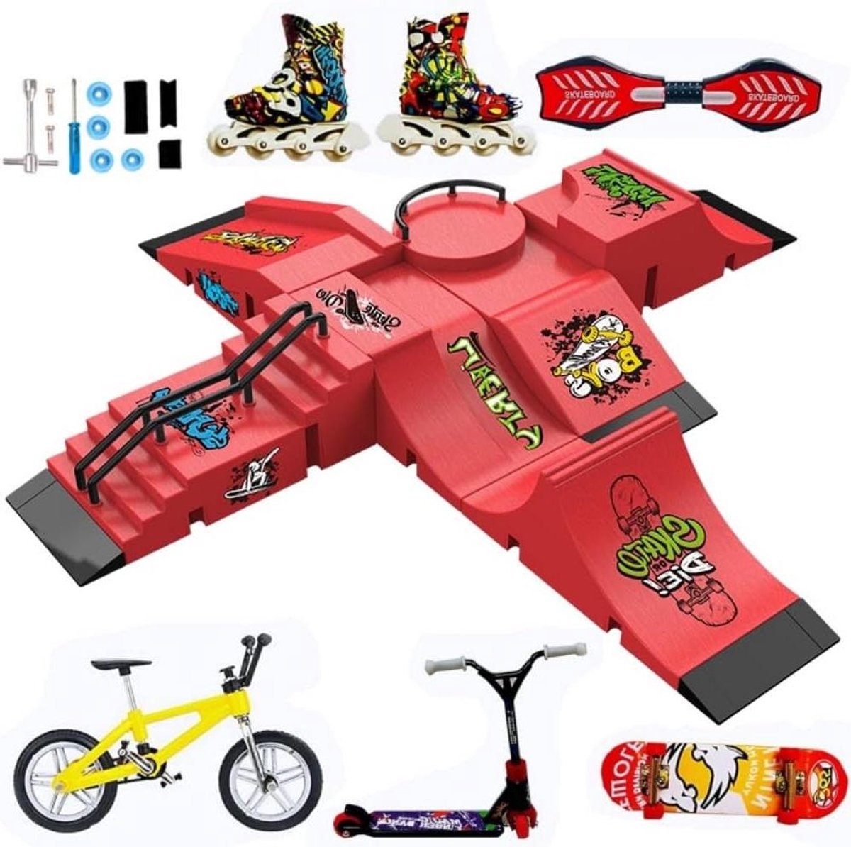 Vingerboard Skatepark - Mini skatebaan - Fingeoefening bouwen - DIY creatieve set - 13 stuks - Rood