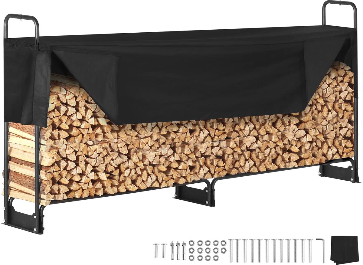 VEVOR Brandhoutrek van metaal, 259 x 36 x 117 cm, brandhoutrek met afdekking, stalen frame, gepoedercoat, 300 kg - ShopVlot