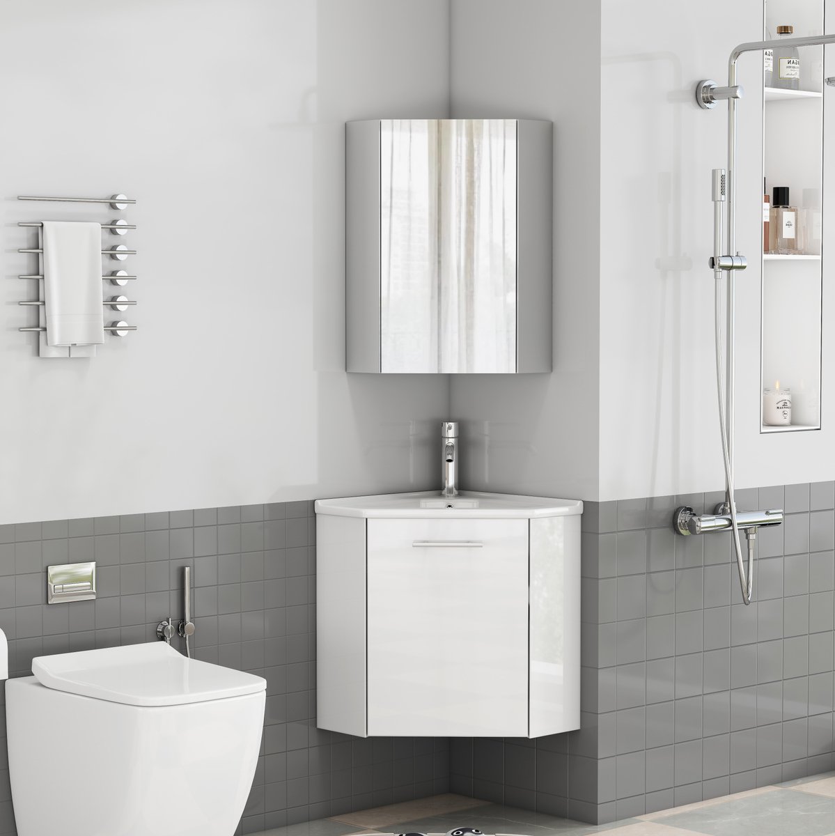 MIVRAY Badkamerkast Hoekmodel Met Wastafel En Spiegelkast Glanzend Wit MDF Keramische Wastafel Wandmontage 41 5 X 41 5 X 50 Cm