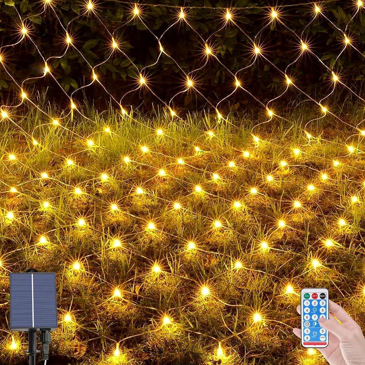LED Lichtnet op Zonne-Energie - Warm Wit - 2 x 3 m - Waterdichte Kerstverlichting met Afstandsbediening - Voor Buiten Decoratie