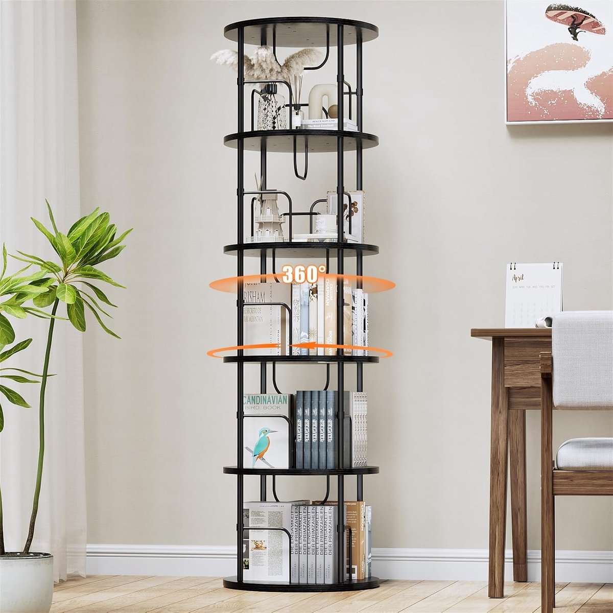 Famanu – Draaibaar boekenrek, staand boekenrek van hout met 5 niveaus, verstelbare niveaus, 360 graden draaibaar, 45 x 45 x 160 cm, zwart